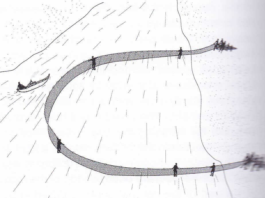 Filet de pêche traditionnel, technique de capture des poissons par encerclement